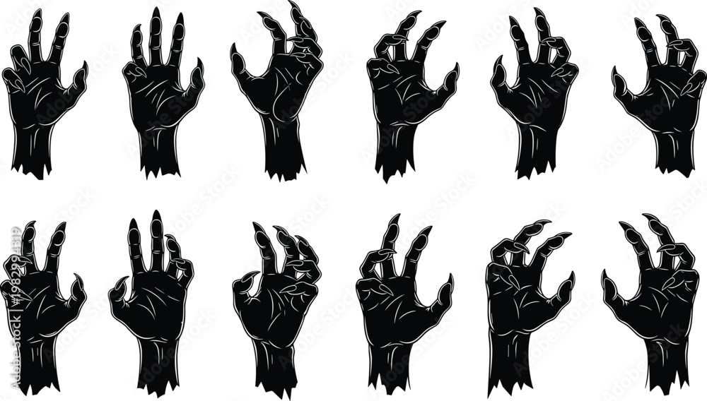 Fototapeta premium Creepy Zombie Hand Silhouette Set with Horror Claw Gestures, Spooky Halloween Vector Illustration for Dark Theme Design, Scary Graphic Elements Collection.