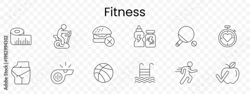 Fitness set icon. Outline workout items, measuring tape, exercise bike, unhealthy burger cross, energy drink, table tennis paddle, stopwatch heart, shorts, whistle, basketball, pool ladder