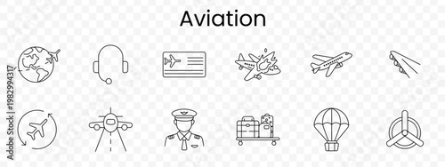Aviation set icon. Line aviation symbols, globe plane, headset, ticket, aircraft crash, jet, takeoff, landing loop, runway approach, pilot, luggage cart, hot air balloon, propeller