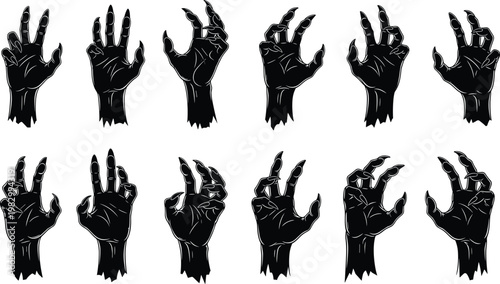 Creepy Zombie Hand Silhouette Set with Horror Claw Gestures, Spooky Halloween Vector Illustration for Dark Theme Design, Scary Graphic Elements Collection.