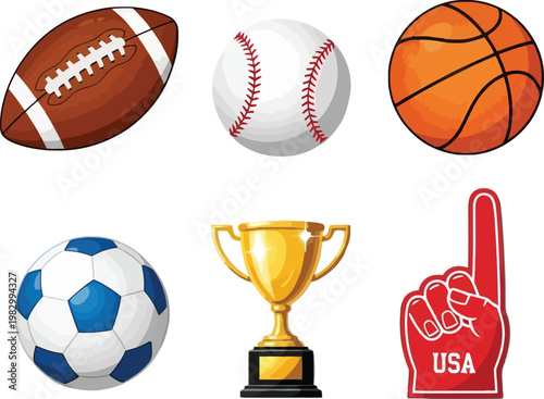 Sports equipment collection football baseball basketball soccer trophy and foam hand isolated on transparent background
