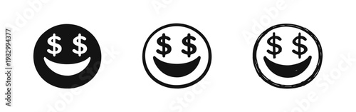 Smiley Face with Dollar Sign Eyes Icon Set representing Greed Wealth and Money Obsession