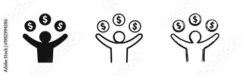 Person Holding and Juggling Dollar Coins Icon Set for Money Management and Wealth Growth