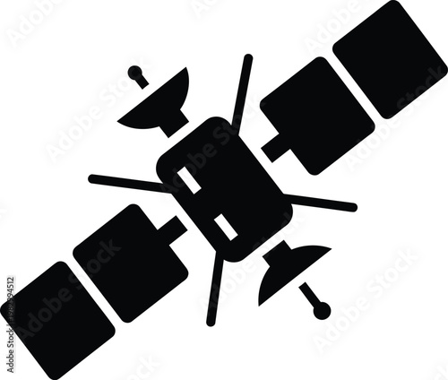 Minimalist silhouette icon of a scientific artificial space orbit satellite vector illustration