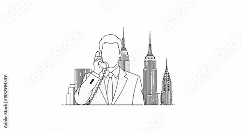 A faceless businessman on a phone call stands against a cityscape backdrop