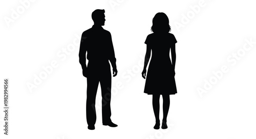 Couple standing facing forward black silhouette on transparent background