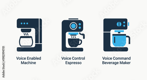 Voice enabled coffee machines and beverage makers set of icons with espresso beverage technology appliance electronic automatic interface automation connected graphics illustration isolated