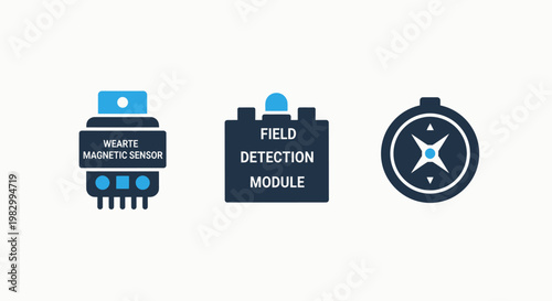 Smart sensing and field detection technology modules icons set with detection technology electronic hardware engineering navigation direction measurement automation components illustration