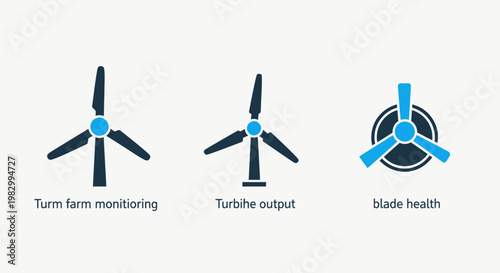 Wind energy turbine icons set for renewable power monitoring and efficiency analytics with renewable monitoring efficiency electricity generator sustainable technology industrial environmental