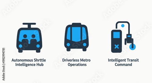 Autonomous shuttle and driverless metro operations transit icons with autonomous driverless operations intelligent transportation technology mobility infrastructure navigation automation