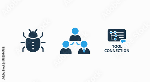 Software bug identification and team connection tool icons with software identification connection development programming debugging collaboration communication business management interface