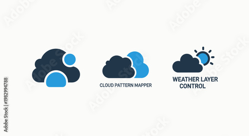 Cloud computing and weather layer control digital icons set with computing technology interface internet infrastructure meteorology forecast management connectivity business application