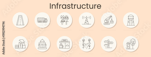 Infrastructure set icon. Road, truck, highway interchange, antenna tower, crane, water tower, factory, government building, gas station, park path, signpost, bus stop, urban development