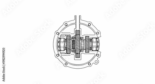 Detailed mechanical blueprint of a complex gear system, cutaway view