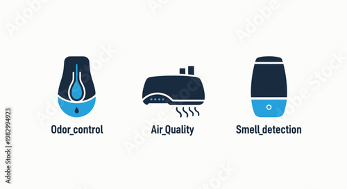 Smart odor control air quality monitoring and smell detection icons with monitoring detection technology environment industrial analysis diagnostic measurement equipment innovation solution