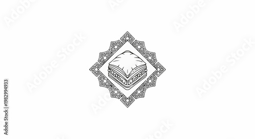 A line art illustration of a layered pastry with nuts within a decorative geometric frame