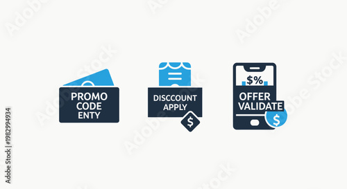 Set of e-commerce promo code and discount offer icons with e commerce discount shopping business validation transaction marketing currency internet e-commerce commerce promotion customer