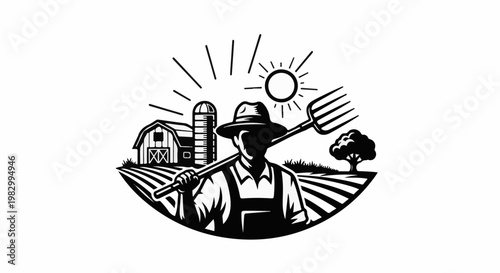 Silhouette of a farmer with a pitchfork on a farm at sunrise