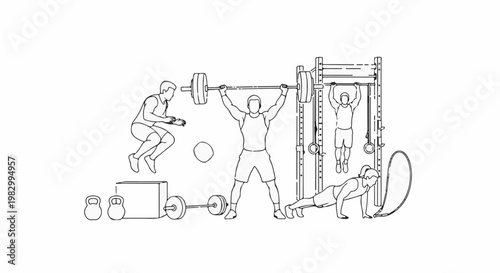 Figures exercising with weights, boxes, and a pull-up bar in a gym setting