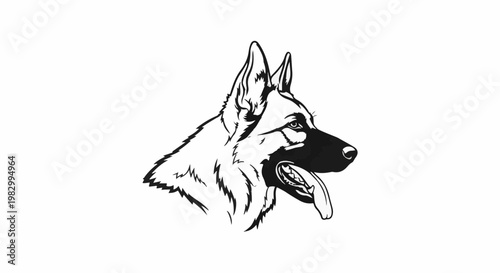Stylized black and white illustration of a German Shepherd's head