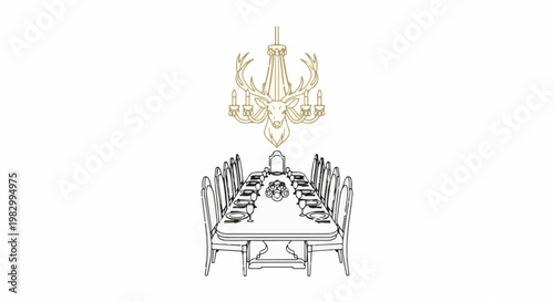Formal dining room table setting with a stag head chandelier