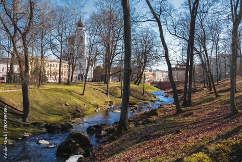 Spring stream winds through leaf-strewn banks. Oranienbaum.