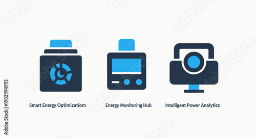 Smart energy optimization and intelligent power analytics icons with optimization analytics monitoring efficiency technology electricity consumption management sustainable industrial