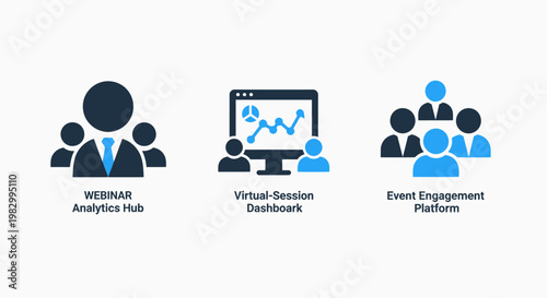Business webinar and event analytics dashboard icon set with analytics dashboard business engagement platform management statistics performance corporate professional communication strategy