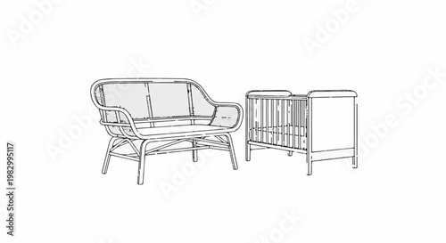 Line drawing of a rattan sofa and a metal crib against a white background