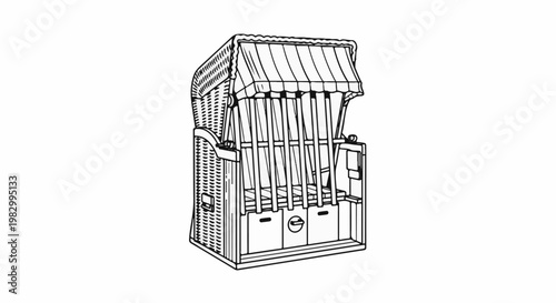 Line drawing of a woven beach chair with a striped awning