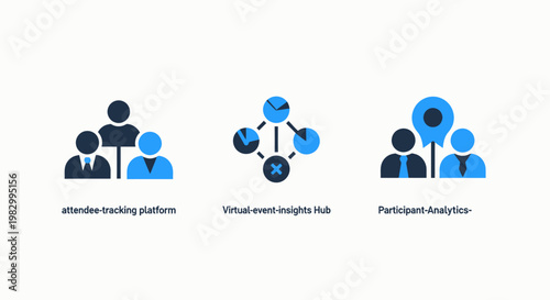 Data tracking platform and participant analytics icons with tracking platform participant analytics business technology research marketing customer behavior information software management