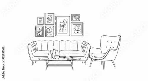 Minimalist living room with sofa, armchair, coffee table, and art