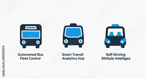 Autonomous bus and intelligent transport shuttle icons with autonomous transport intelligent analytics technology mobility management automation software infrastructure information analysis