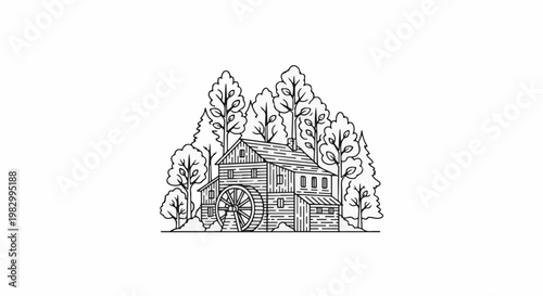 Old wooden mill with water wheel surrounded by trees