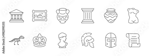 Museum art history set icon. Temple painting amphora column vase torso skeleton crown bust helmet manuscript depict exhibition heritage antique sculpture artifact.