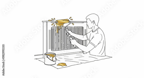 Person painting a radiator with a roller and yellow paint