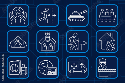 Funeral set icon. Tombstone rip, grave cross, shovel burial, angel figure, wreath memorial, coffin casket, church building, awareness ribbon, banned bible, candle flame, holy book, scroll scripture