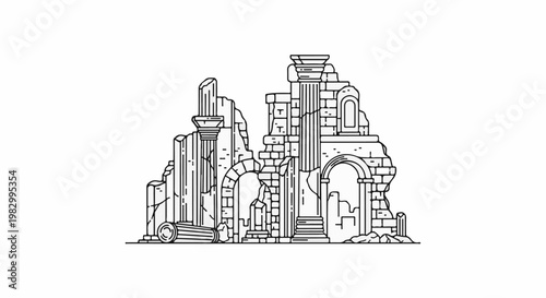 Stylized line drawing of ancient stone ruins with crumbling columns and archways