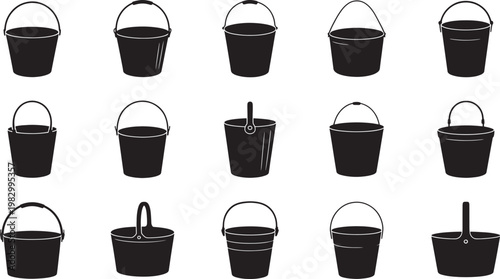 Black cylindrical containers and vases with simple geometric shapes on transparent background, black vase