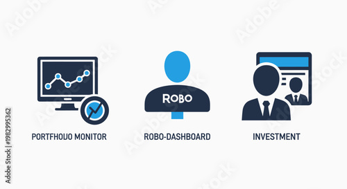 Financial portfolio monitor robo-advisor dashboard investment management interface icons for fintech applications with financial portfolio investment dashboard management analysis software