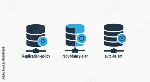 Data management and server infrastructure icons representing replication and redundancy with replication redundancy balancing infrastructure technology database computing security optimization