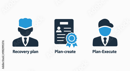 Business project management process icons featuring recovery plan and execution steps management business planning execution recovery strategy workflow corporate certificate document