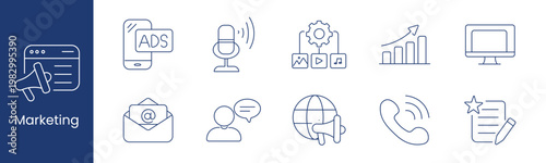 Marketing advertising media set icon. Ads microphone analytics chart monitor email globe phone star message megaphone depict promotion digital communication strategy.