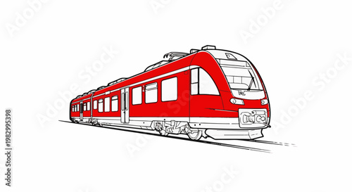 Red commuter train on tracks, line drawing with color fill