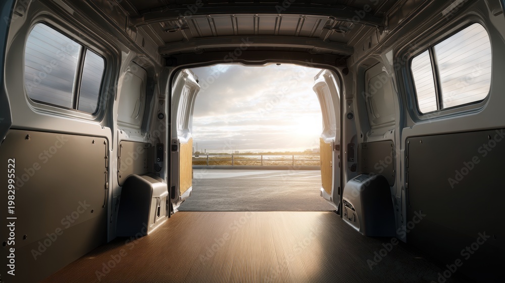 Obraz premium Interior view of empty cargo delivery van with open rear doors at sunset. Spacious vehicle cabin for commercial transport and logistics. Shipping service and transportation vehicle concept.
