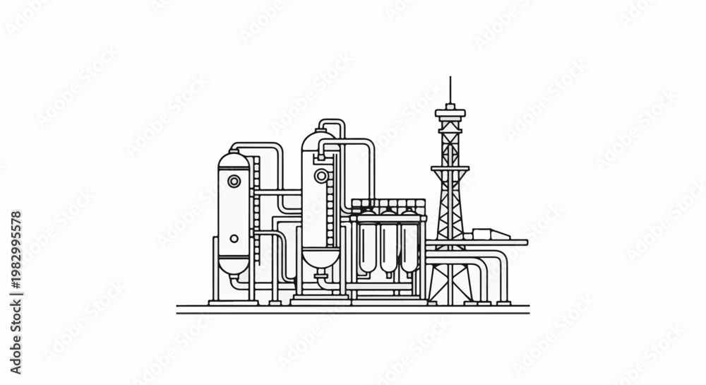 Obraz premium Stylized industrial refinery complex with towers, tanks, and pipes
