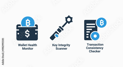 Cryptocurrency wallet security and transaction verification icons set with cryptocurrency security transaction blockchain monitoring verification integrity checking currency protection