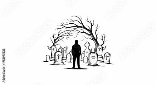 Silhouette of a person standing in a graveyard surrounded by gravestones and bare trees