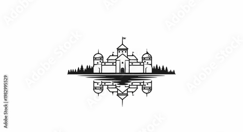 Stylized castle with reflecting water and forest silhouette