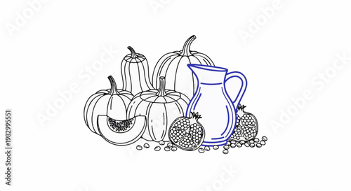 Sketch of pumpkins, pomegranates, seeds, and a pitcher